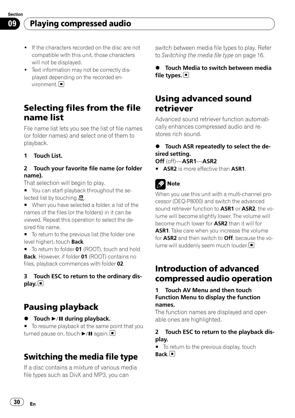 Selecting files from the file name list, Pausing playback, Switching the media file type | Using advanced sound retriever, Introduction of advanced compressed audio, Operation, Playing compressed audio | Pioneer AVH-P3100DVD User Manual | Page 30 / 116