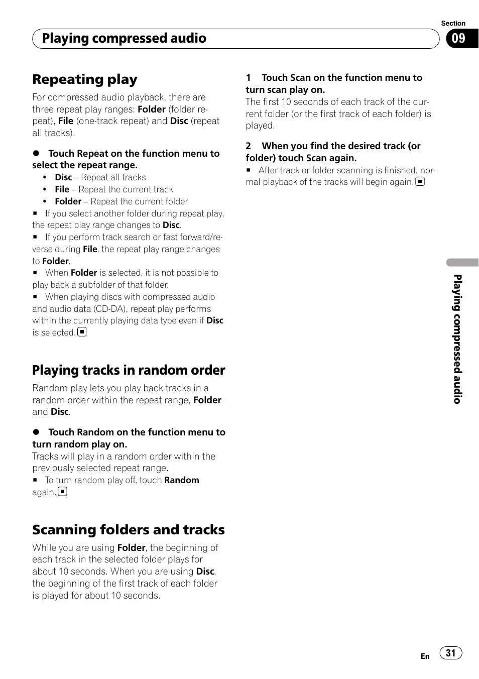 Repeating play, Playing tracks in random order, Scanning folders and tracks | Playing compressed audio | Pioneer AVH-P3100DVD User Manual | Page 31 / 116