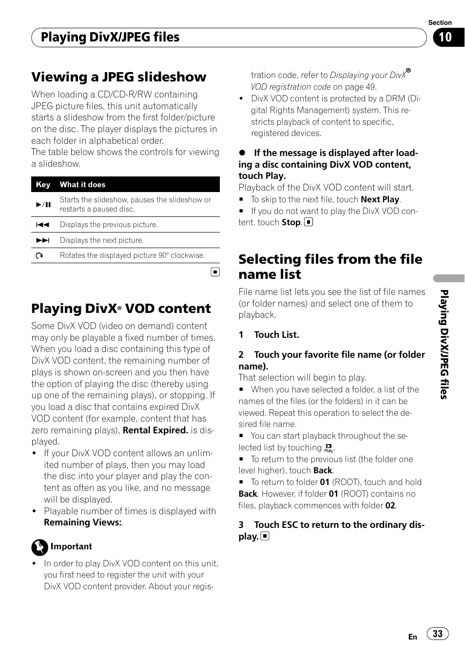 Viewing a jpeg slideshow, Playing divx® vod content, Selecting files from the file name list | Playing divx, Vod content, Playing divx/jpeg files | Pioneer AVH-P3100DVD User Manual | Page 33 / 116