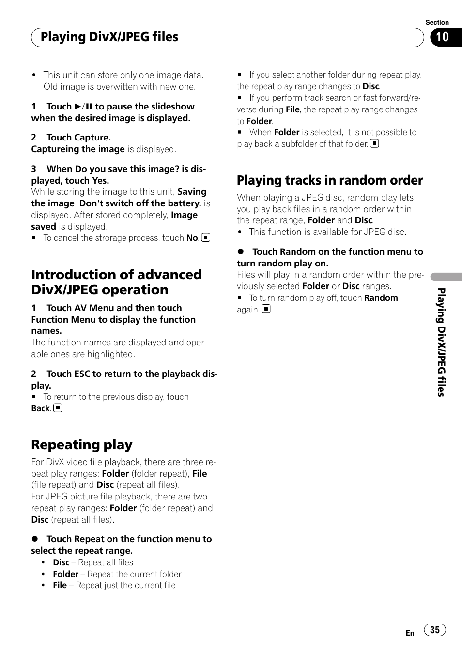 Introduction of advanced divx/jpeg, Operation, Repeating play | Playing tracks in random order, Introduction of advanced divx/jpeg operation, Playing divx/jpeg files | Pioneer AVH-P3100DVD User Manual | Page 35 / 116