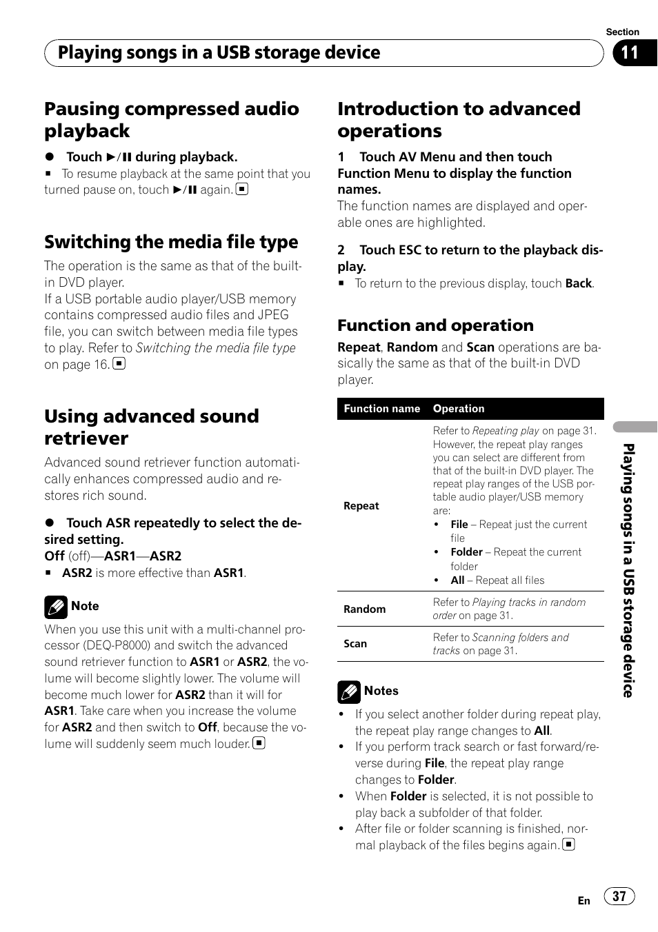 Pausing compressed audio playback, Switching the media file type, Using advanced sound retriever | Introduction to advanced operations, Playing songs in a usb storage device, Function and operation | Pioneer AVH-P3100DVD User Manual | Page 37 / 116