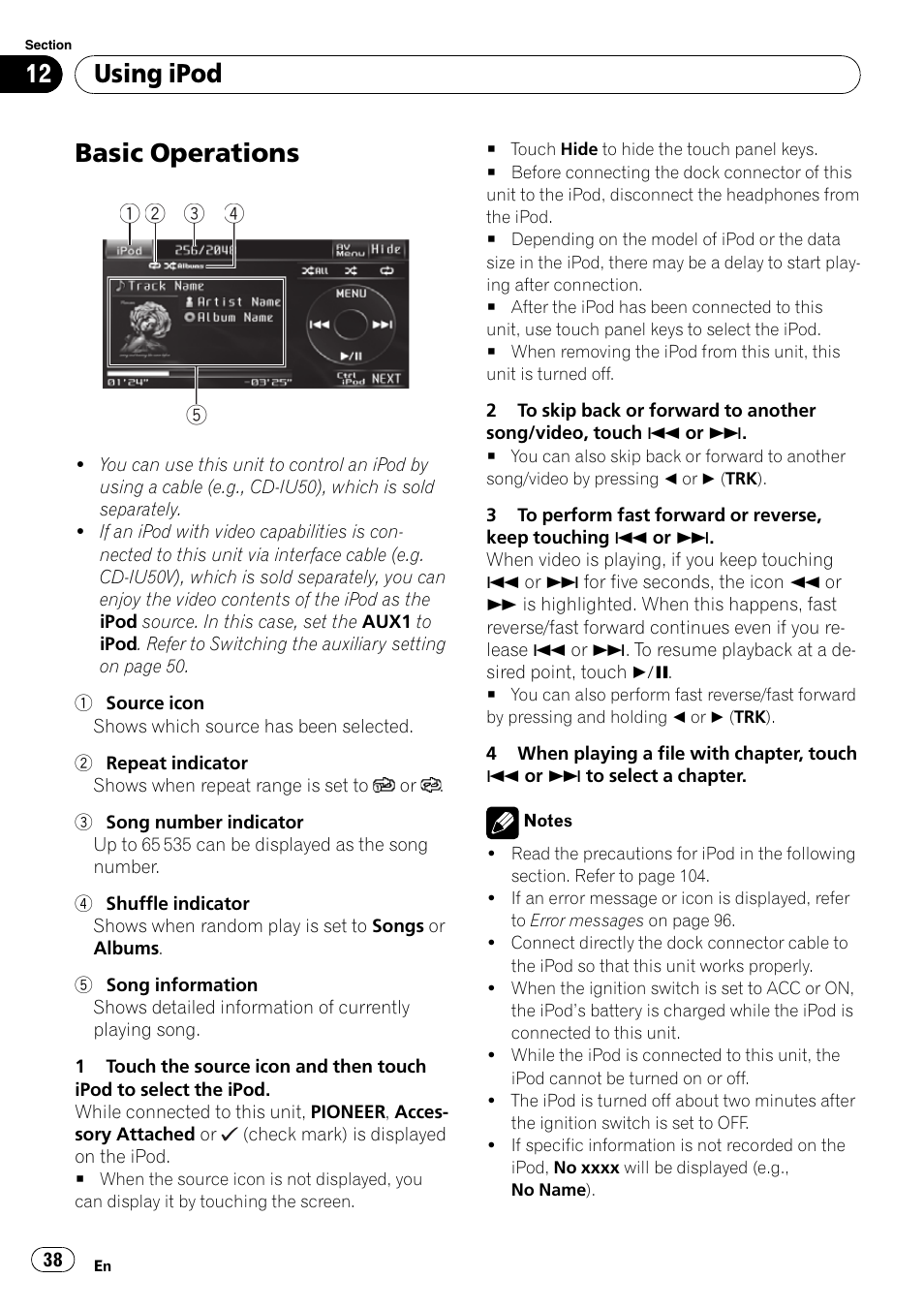 Using ipod basic operations, Basic operations, Using ipod | Pioneer AVH-P3100DVD User Manual | Page 38 / 116