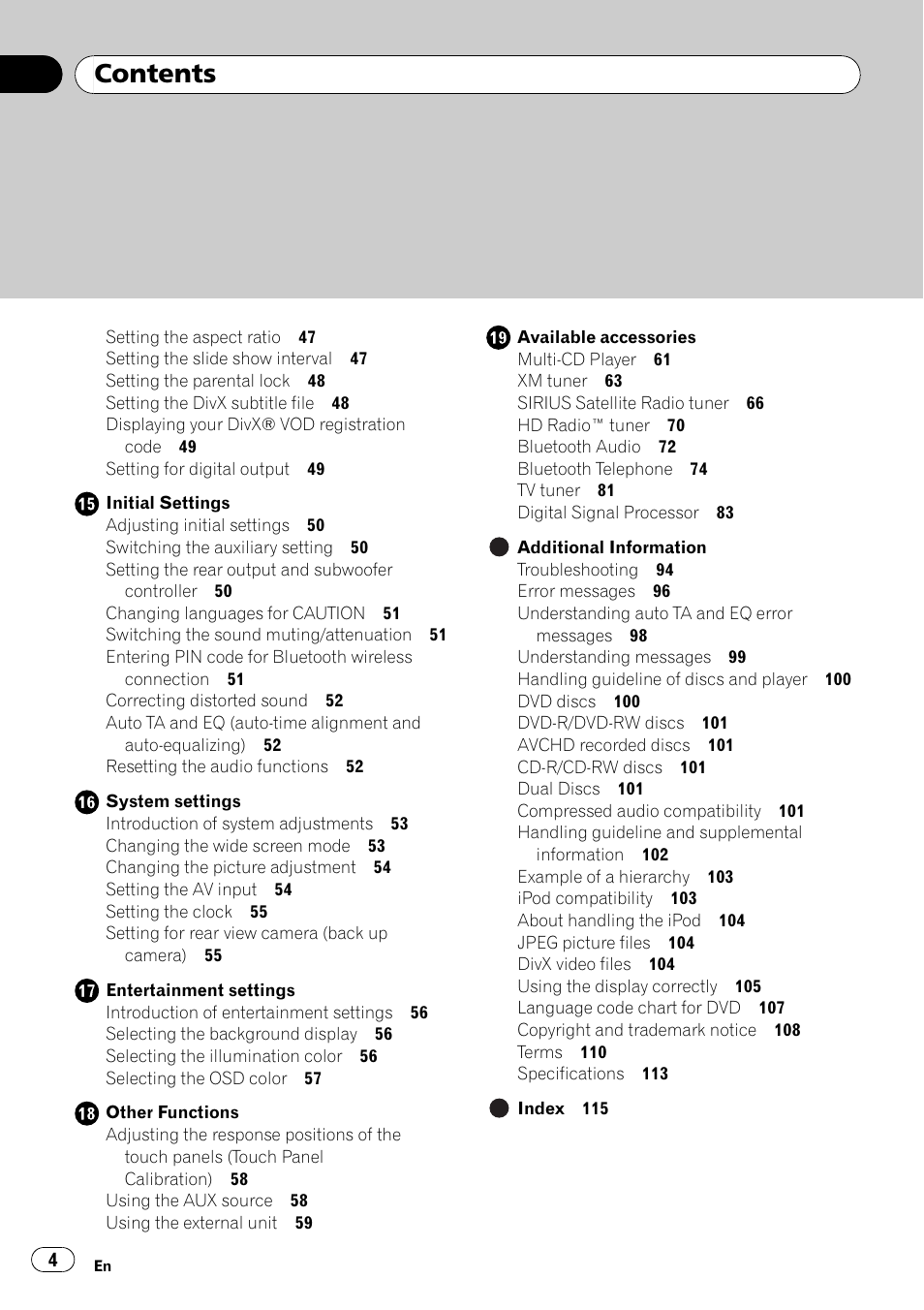 Pioneer AVH-P3100DVD User Manual | Page 4 / 116