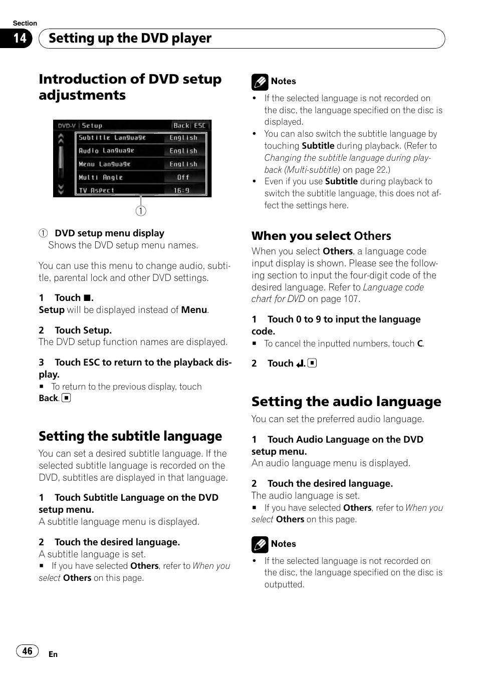 Setting the subtitle language, Setting the audio language, Introduction of dvd setup adjustments | Setting up the dvd player, When you select others | Pioneer AVH-P3100DVD User Manual | Page 46 / 116