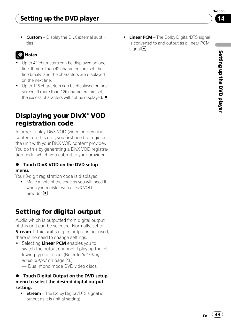 Displaying your divx® vod registration, Code, Setting for digital output | Displaying your divx, Vod registration code, Setting up the dvd player | Pioneer AVH-P3100DVD User Manual | Page 49 / 116