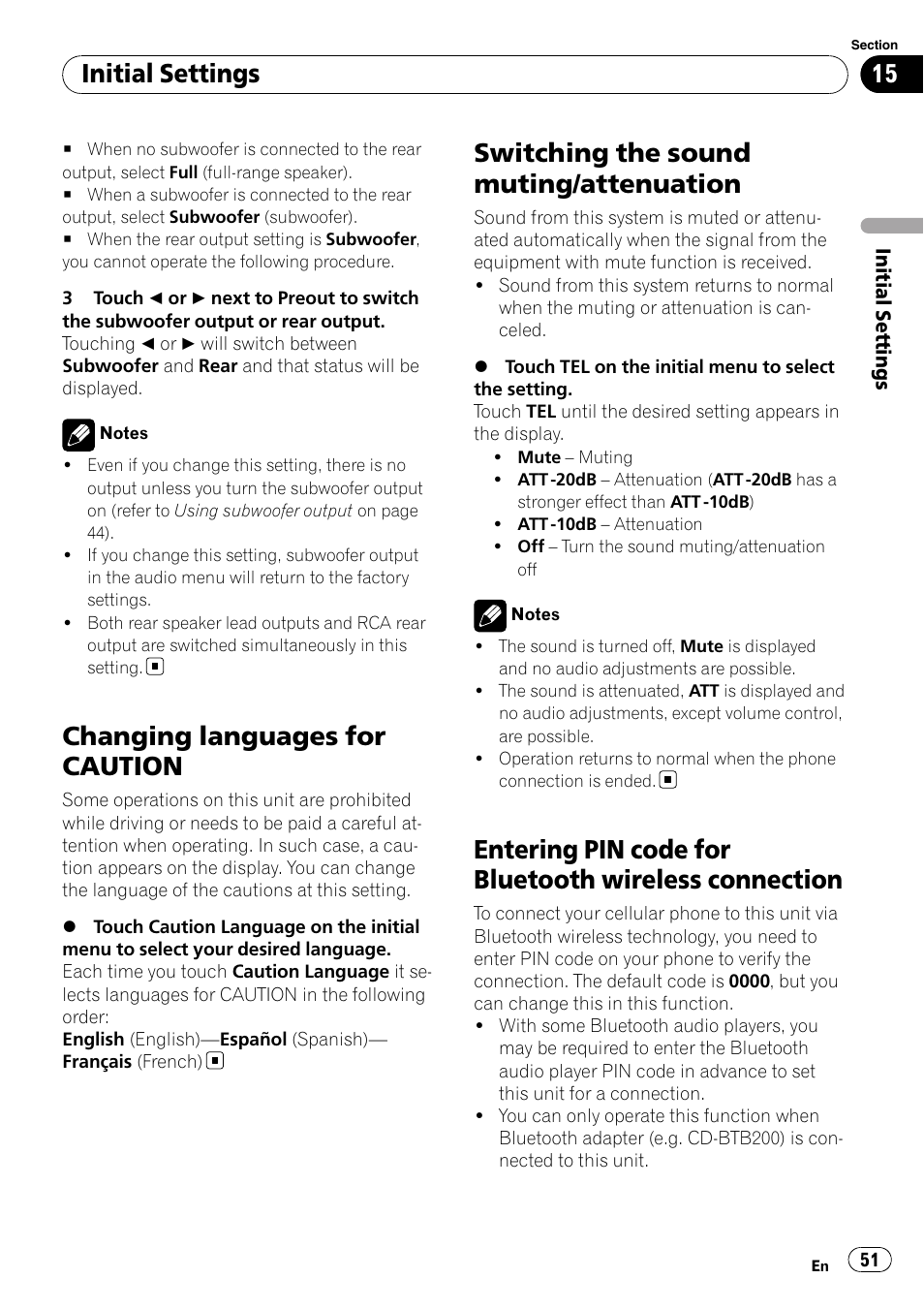 Changing languages for caution, Switching the sound muting/attenuation, Entering pin code for bluetooth wireless | Connection, Initial settings | Pioneer AVH-P3100DVD User Manual | Page 51 / 116