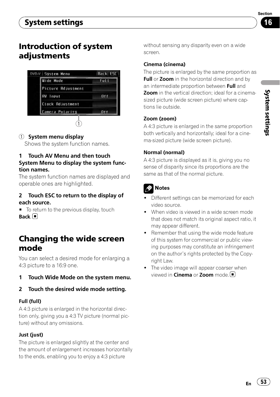 System settings introduction of system adjustments, Changing the wide screen mode, Introduction of system adjustments | System settings | Pioneer AVH-P3100DVD User Manual | Page 53 / 116