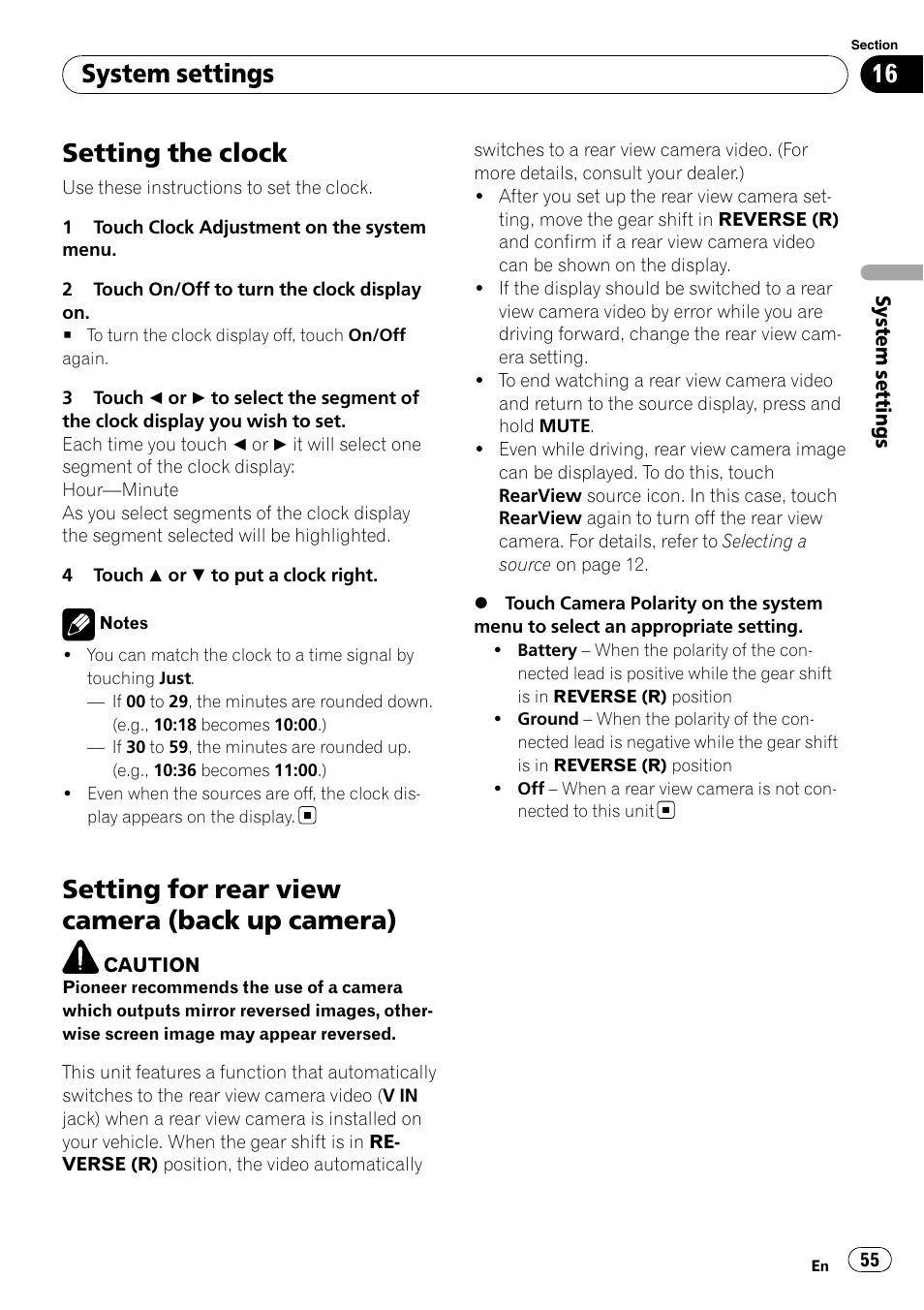 Setting the clock, Setting for rear view camera (back up, Camera) | Setting for rear view camera (back up camera), System settings | Pioneer AVH-P3100DVD User Manual | Page 55 / 116