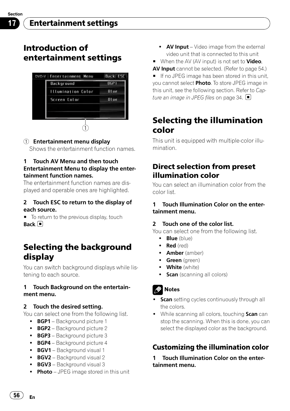 Selecting the background display, Selecting the illumination color, Introduction of entertainment settings | Entertainment settings | Pioneer AVH-P3100DVD User Manual | Page 56 / 116