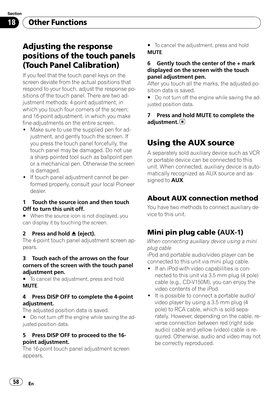 Touch panels (touch panel calibration), Using the aux source, Other functions | Pioneer AVH-P3100DVD User Manual | Page 58 / 116