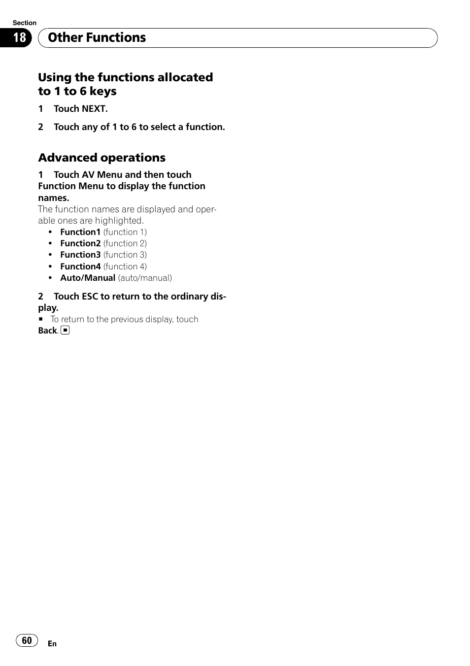 Other functions, Using the functions allocated to 1 to 6 keys, Advanced operations | Pioneer AVH-P3100DVD User Manual | Page 60 / 116
