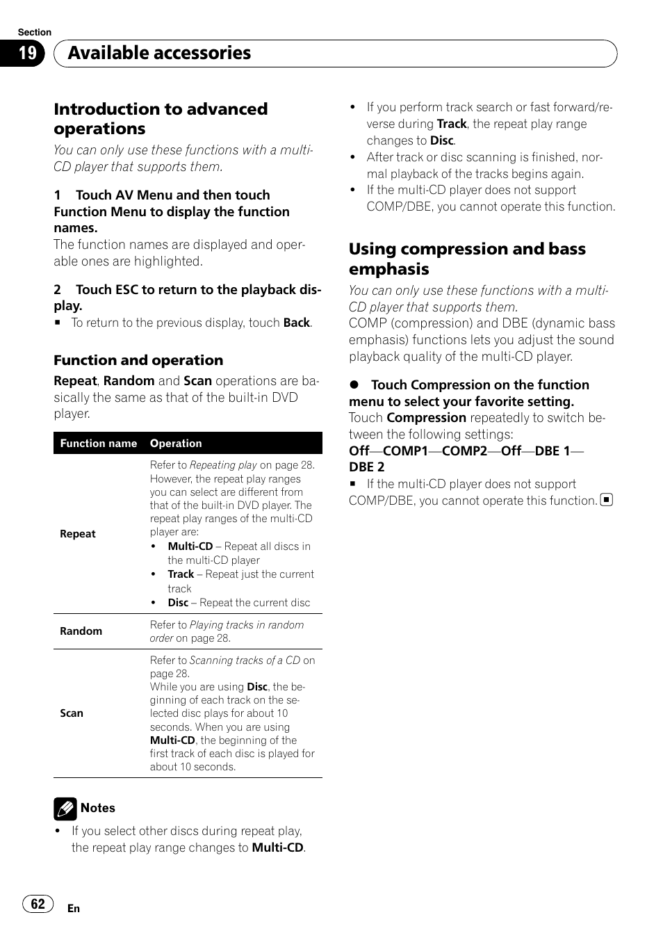 Available accessories, Introduction to advanced operations, Using compression and bass emphasis | Pioneer AVH-P3100DVD User Manual | Page 62 / 116