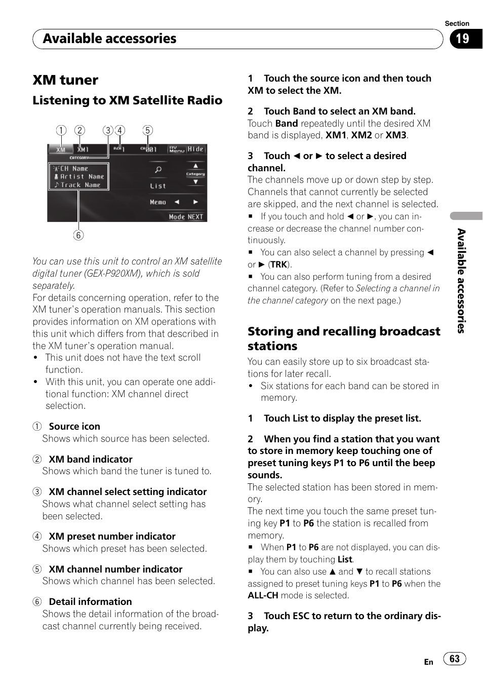 Xm tuner, Available accessories | Pioneer AVH-P3100DVD User Manual | Page 63 / 116