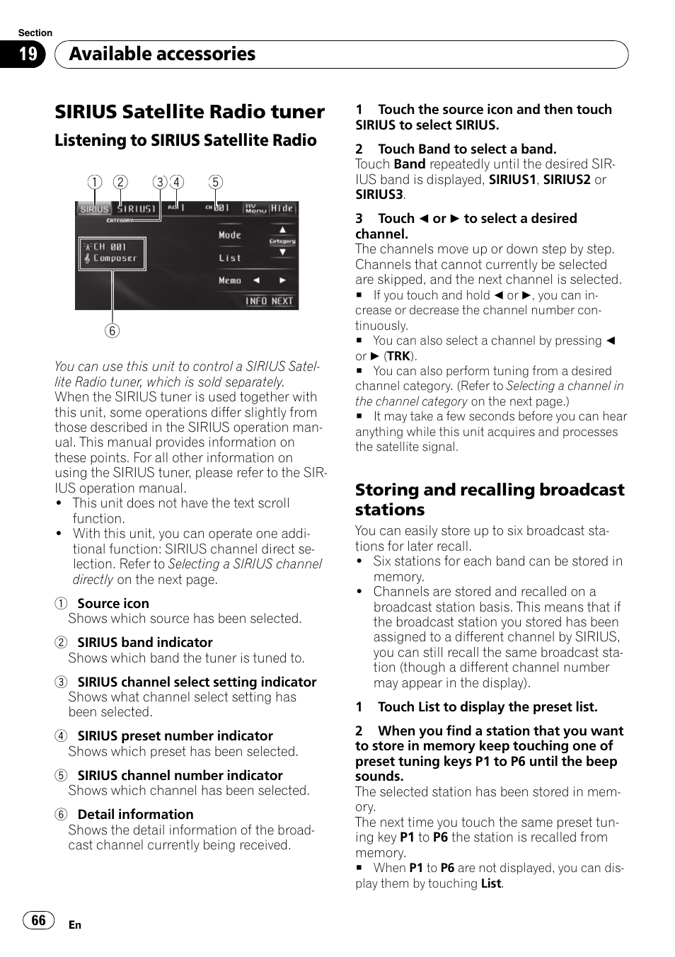 Sirius satellite radio tuner, Available accessories | Pioneer AVH-P3100DVD User Manual | Page 66 / 116