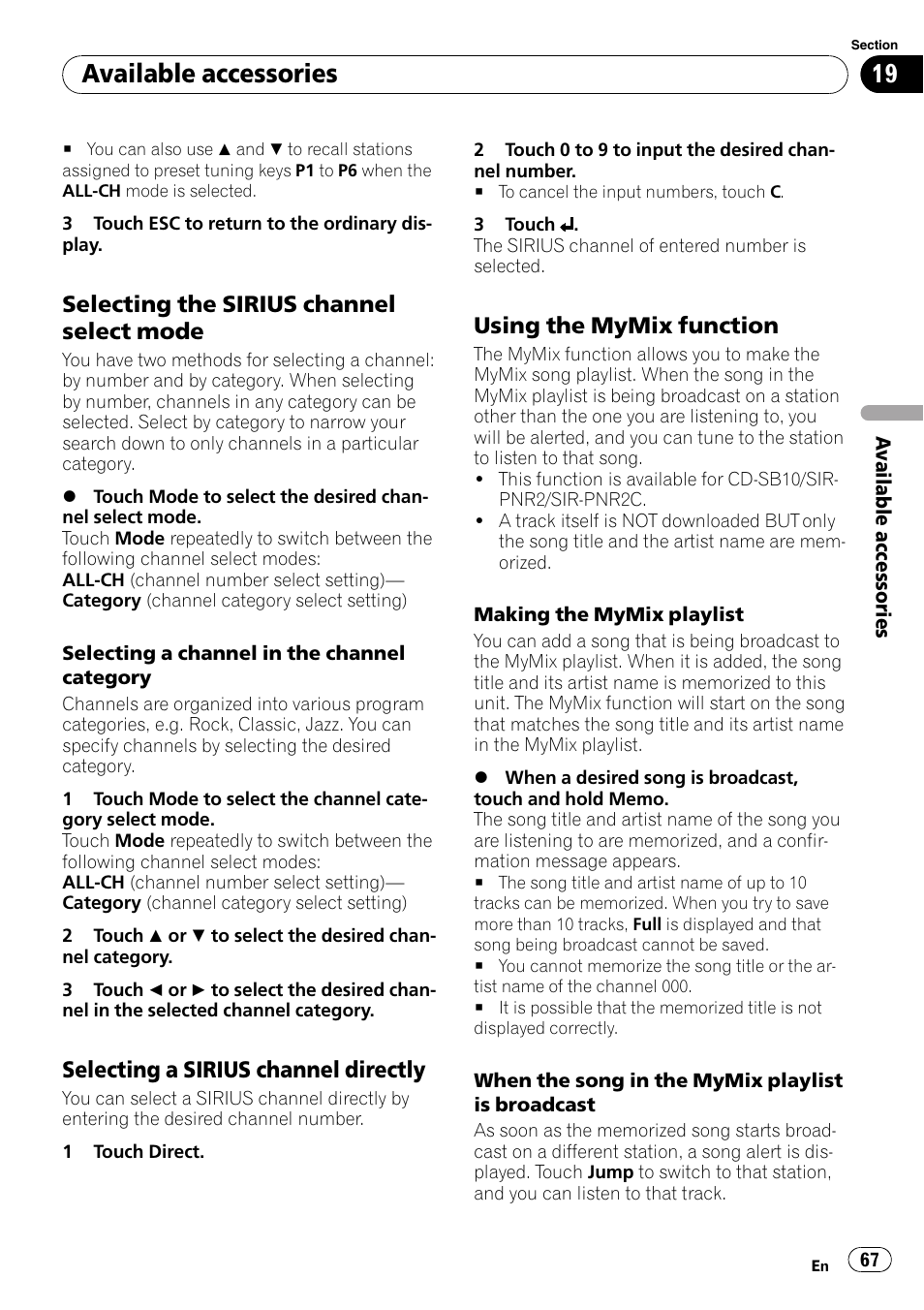 Available accessories, Selecting the sirius channel select mode, Selecting a sirius channel directly | Using the mymix function | Pioneer AVH-P3100DVD User Manual | Page 67 / 116