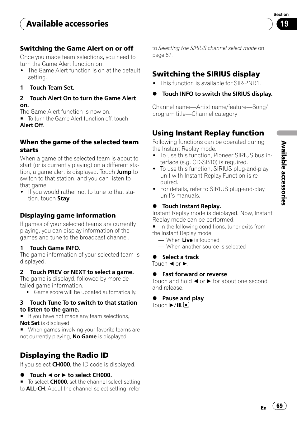 Available accessories, Displaying the radio id, Switching the sirius display | Using instant replay function | Pioneer AVH-P3100DVD User Manual | Page 69 / 116