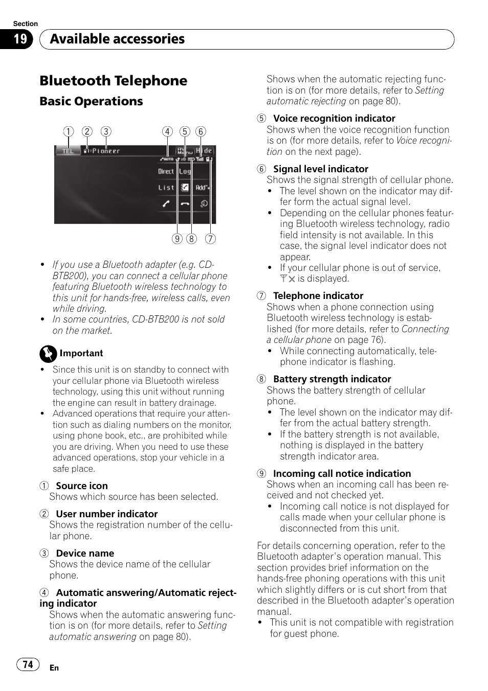 Bluetooth telephone, Available accessories | Pioneer AVH-P3100DVD User Manual | Page 74 / 116