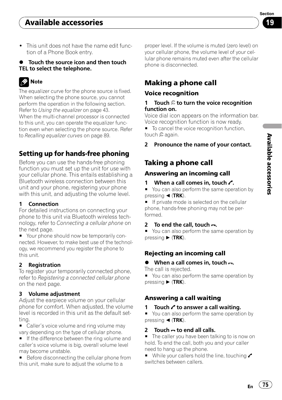 Available accessories, Setting up for hands-free phoning, Making a phone call | Taking a phone call | Pioneer AVH-P3100DVD User Manual | Page 75 / 116