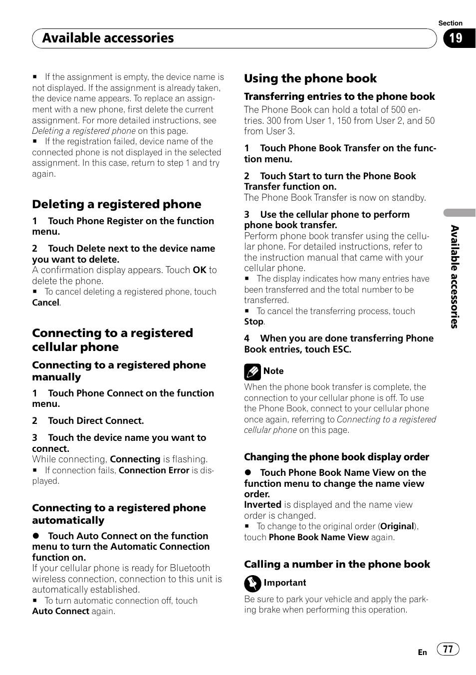 Available accessories, Deleting a registered phone, Connecting to a registered cellular phone | Using the phone book | Pioneer AVH-P3100DVD User Manual | Page 77 / 116