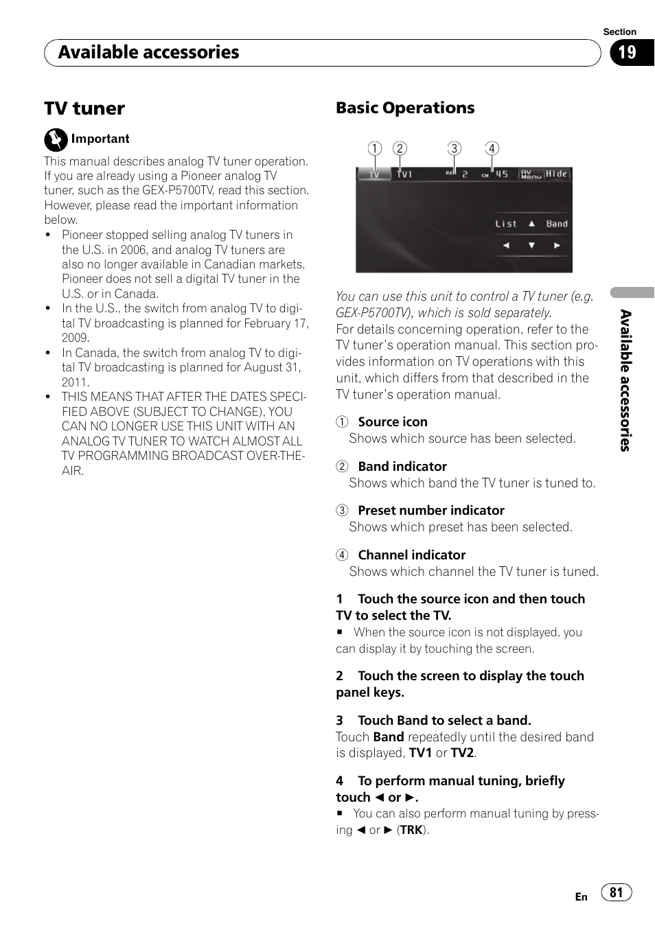 Tv tuner, Available accessories | Pioneer AVH-P3100DVD User Manual | Page 81 / 116