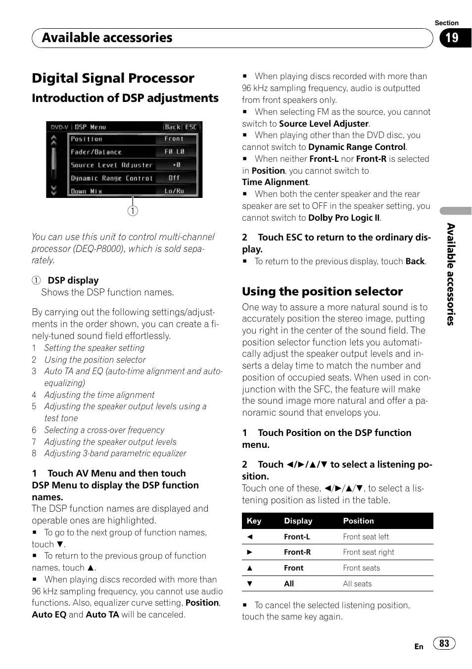 Digital signal processor, Available accessories, Introduction of dsp adjustments | Using the position selector | Pioneer AVH-P3100DVD User Manual | Page 83 / 116