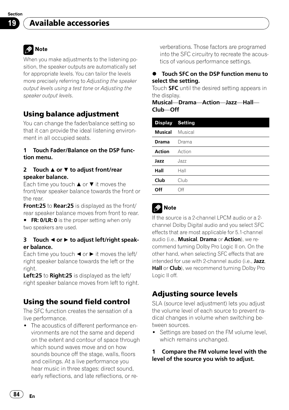 Available accessories, Using balance adjustment, Using the sound field control | Adjusting source levels | Pioneer AVH-P3100DVD User Manual | Page 84 / 116