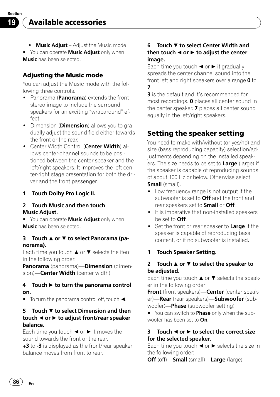 Setting the speaker setting, Available accessories | Pioneer AVH-P3100DVD User Manual | Page 86 / 116