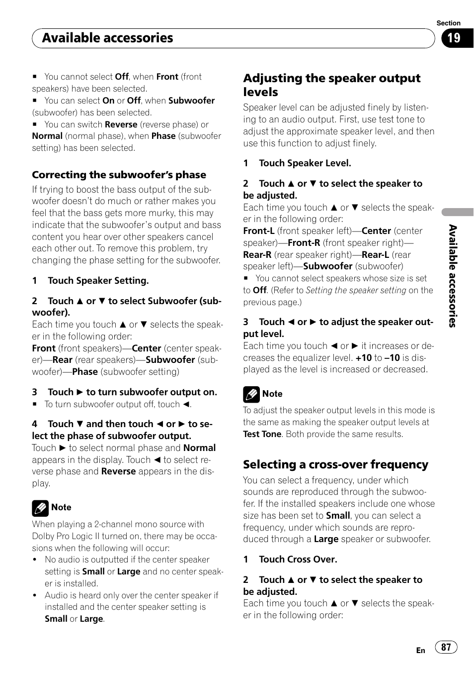 Selecting a cross-over frequency, Adjusting the speaker output levels, Available accessories | Pioneer AVH-P3100DVD User Manual | Page 87 / 116