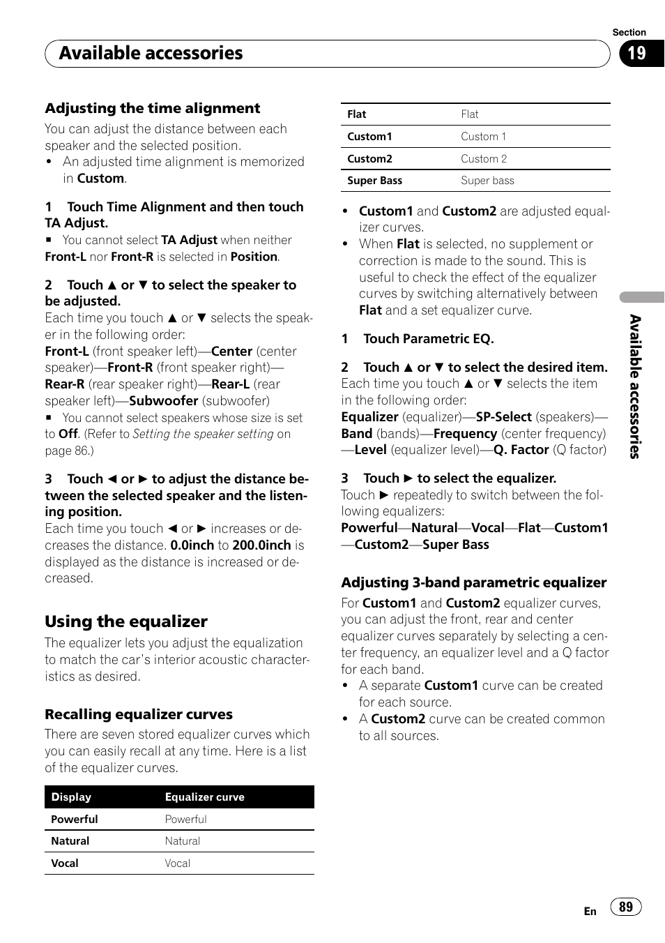 Adjusting the time alignment, Adjusting 3-band parametric equalizer, Available accessories | Using the equalizer | Pioneer AVH-P3100DVD User Manual | Page 89 / 116