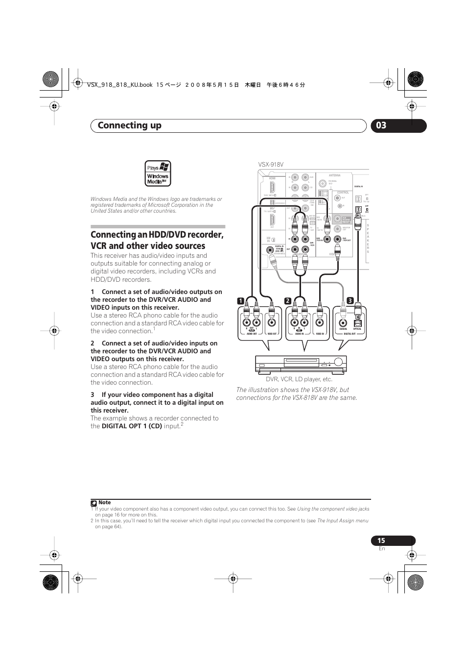 Connecting up 03, The example shows a recorder connected to the, Digital opt 1 (cd) | Input, Dvr, vcr, ld player, etc. vsx-918v | Pioneer VSX-818V User Manual | Page 15 / 76