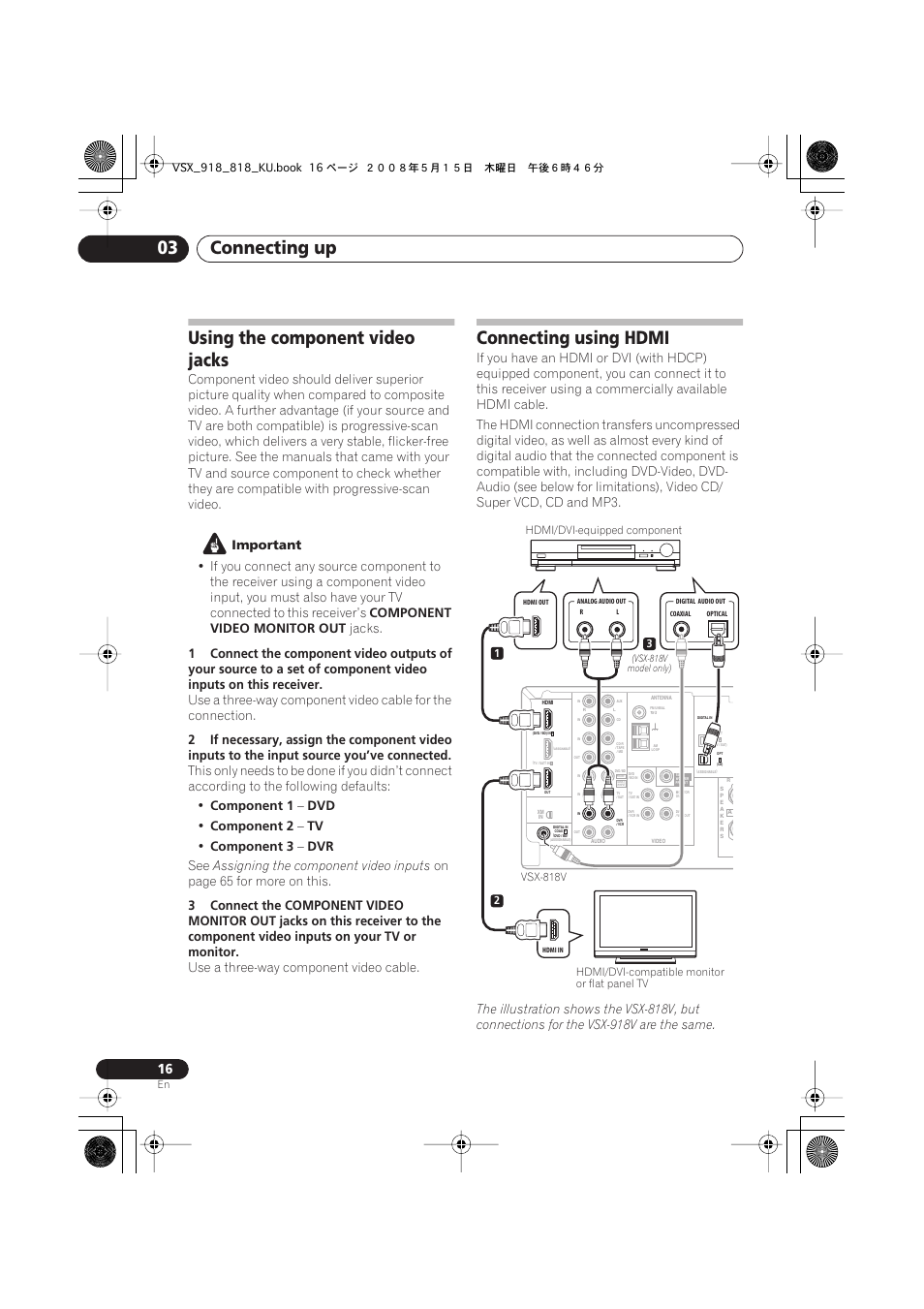 Using the component video jacks, Connecting using hdmi, Connecting up 03 | Important, Component video monitor out, Jacks, Component 1, Component 2, Component 3, Assigning the component video inputs | Pioneer VSX-818V User Manual | Page 16 / 76