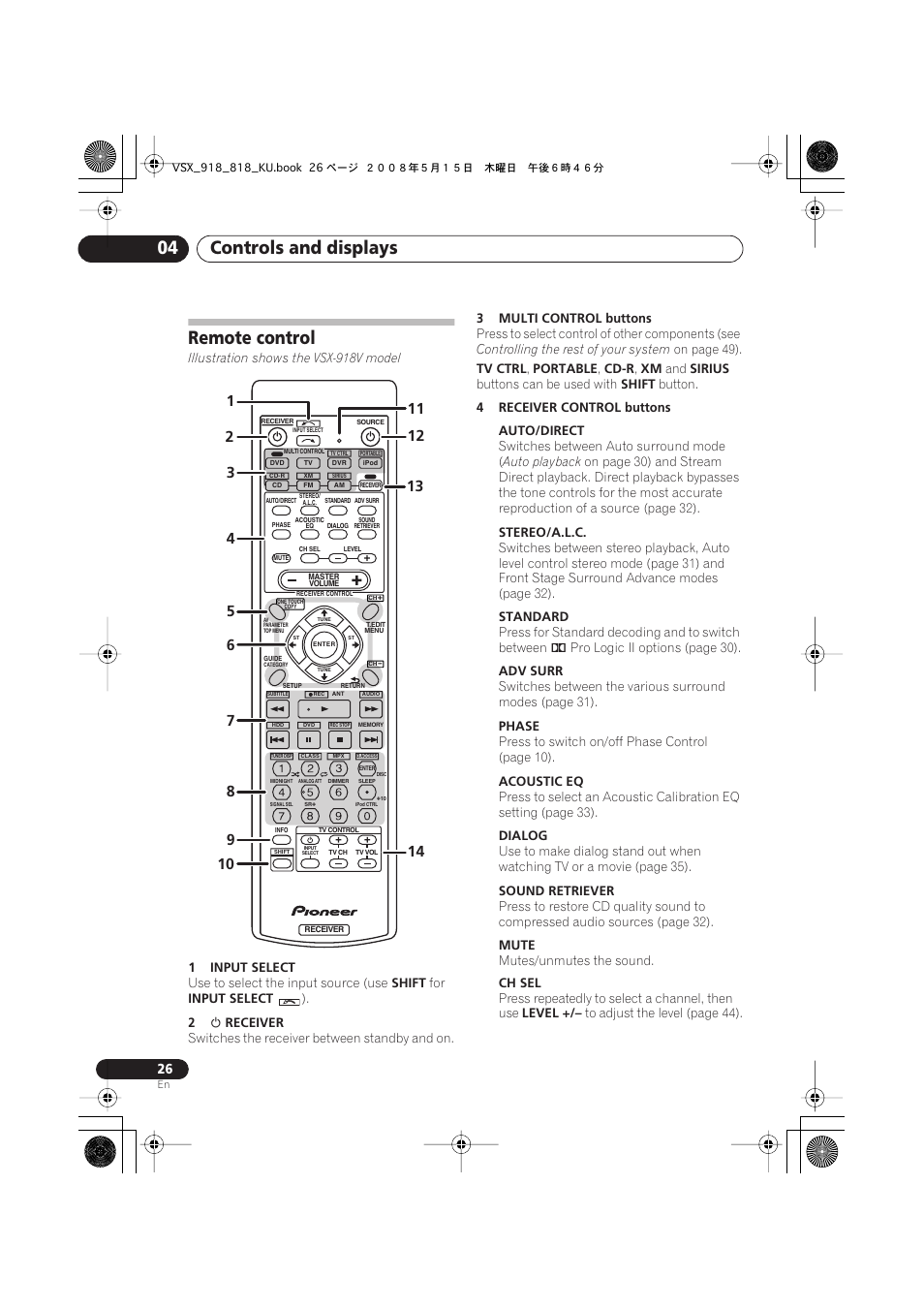 Remote control, Controls and displays 04 | Pioneer VSX-818V User Manual | Page 26 / 76