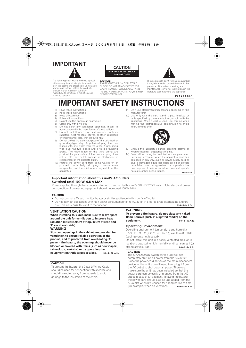 Important, Caution | Pioneer VSX-818V User Manual | Page 3 / 76