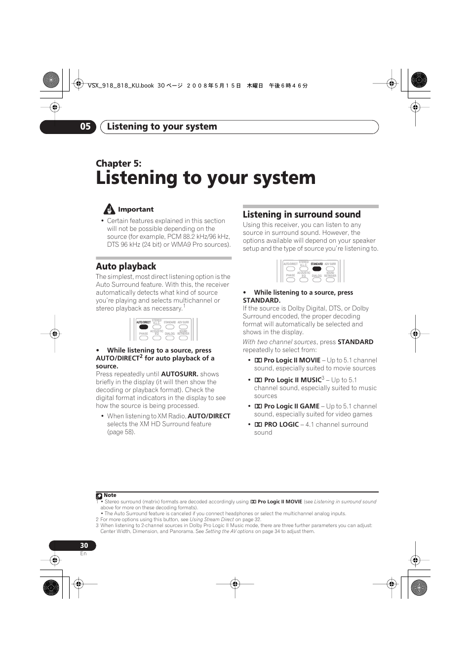 Auto playback, Listening in surround sound, Listening to your system | Listening to your system 05, Chapter 5 | Pioneer VSX-818V User Manual | Page 30 / 76