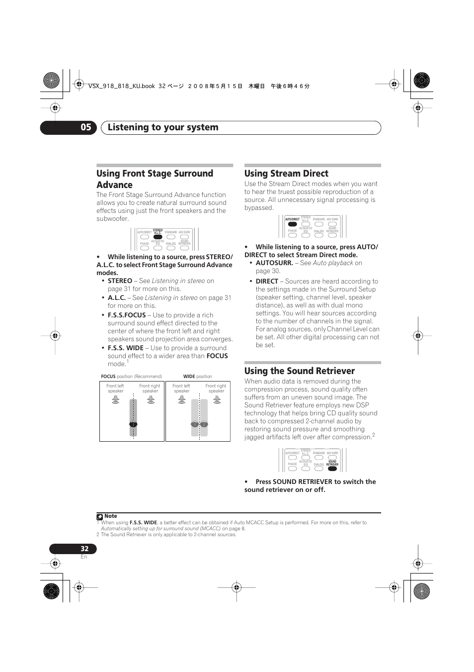 Using front stage surround advance, Using stream direct, Using the sound retriever | Listening to your system 05 | Pioneer VSX-818V User Manual | Page 32 / 76