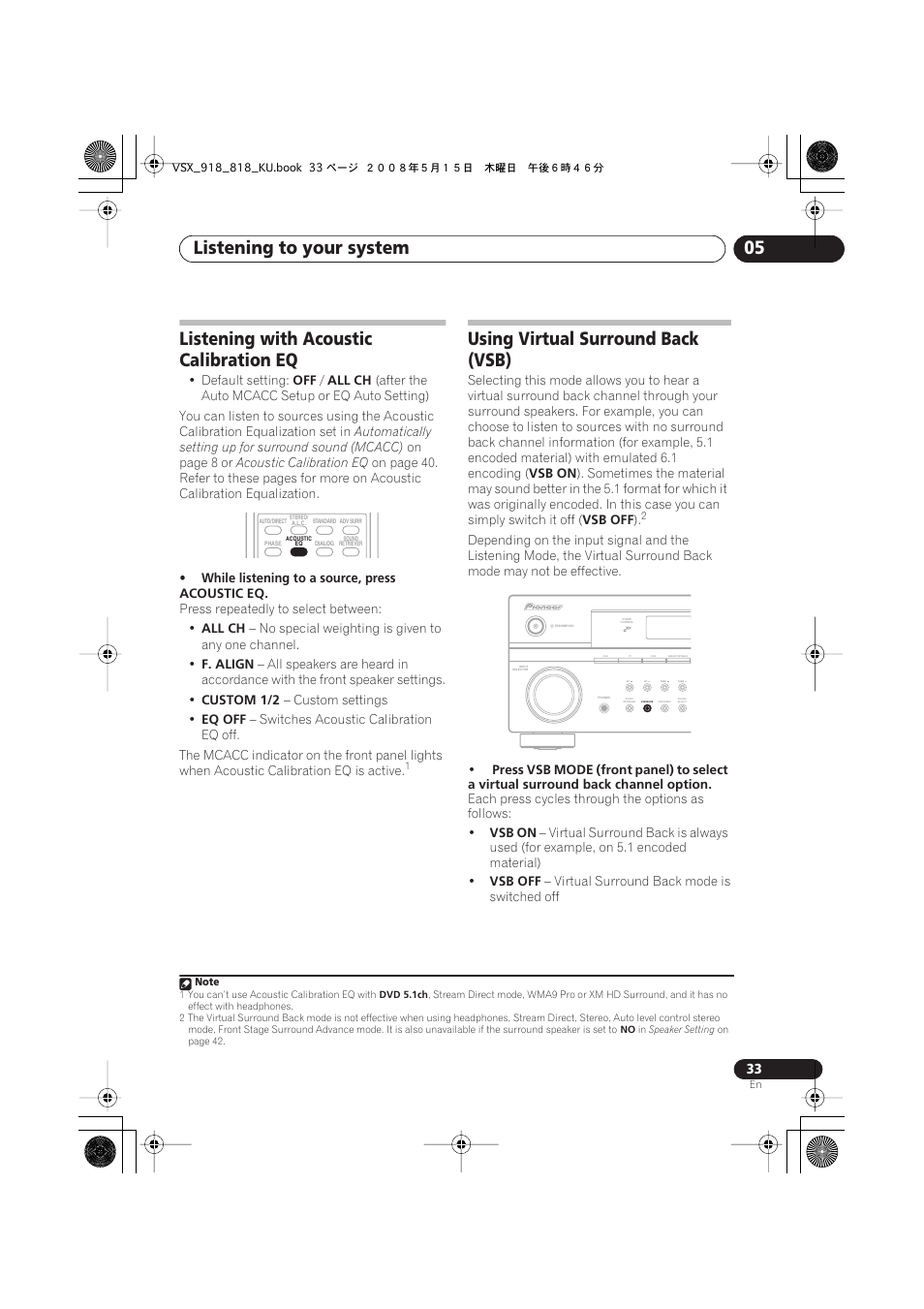 Listening with acoustic calibration eq, Using virtual surround back (vsb), Listening to your system 05 | Pioneer VSX-818V User Manual | Page 33 / 76