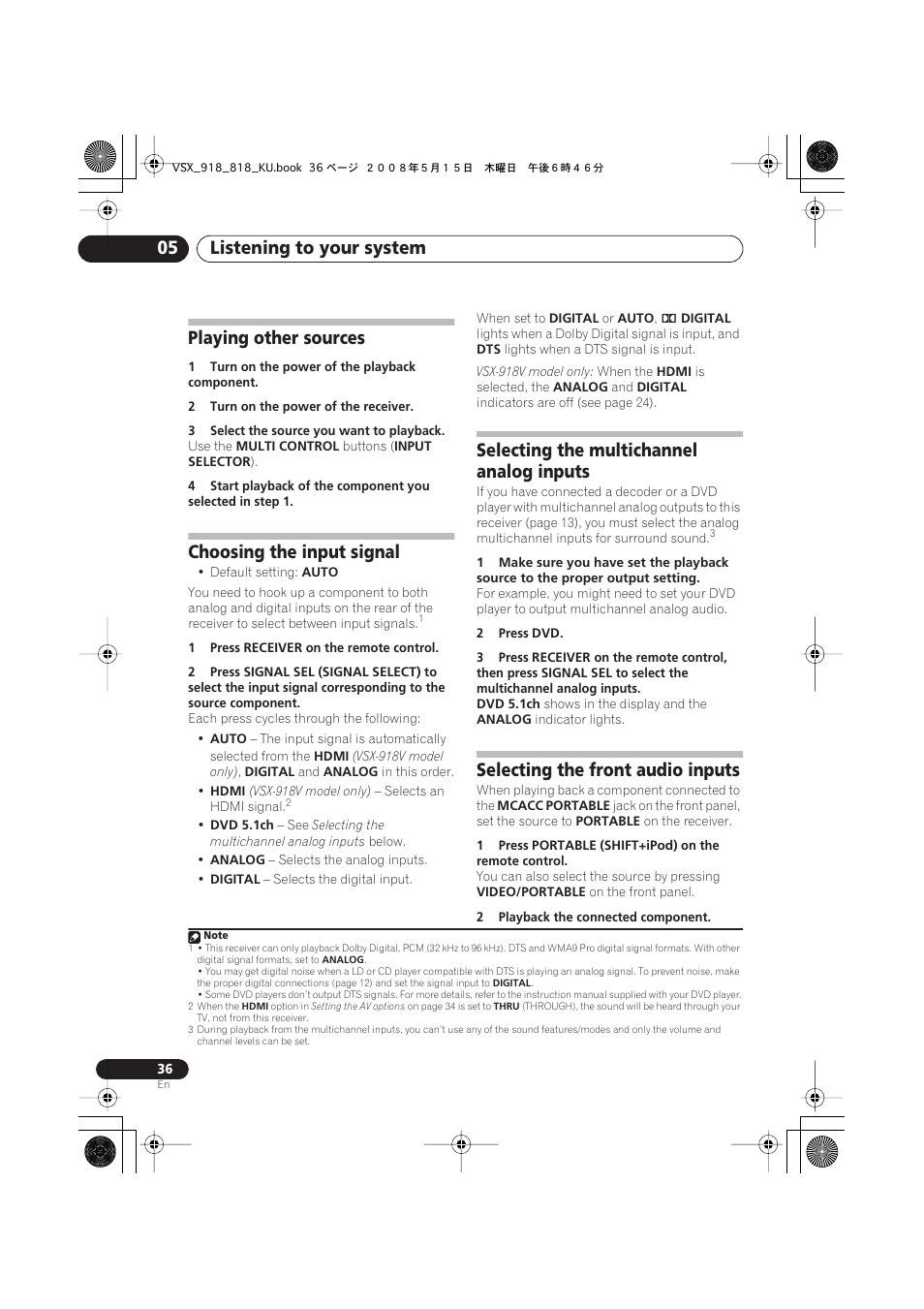 Playing other sources, Choosing the input signal, Selecting the multichannel analog inputs | Selecting the front audio inputs, Listening to your system 05 | Pioneer VSX-818V User Manual | Page 36 / 76