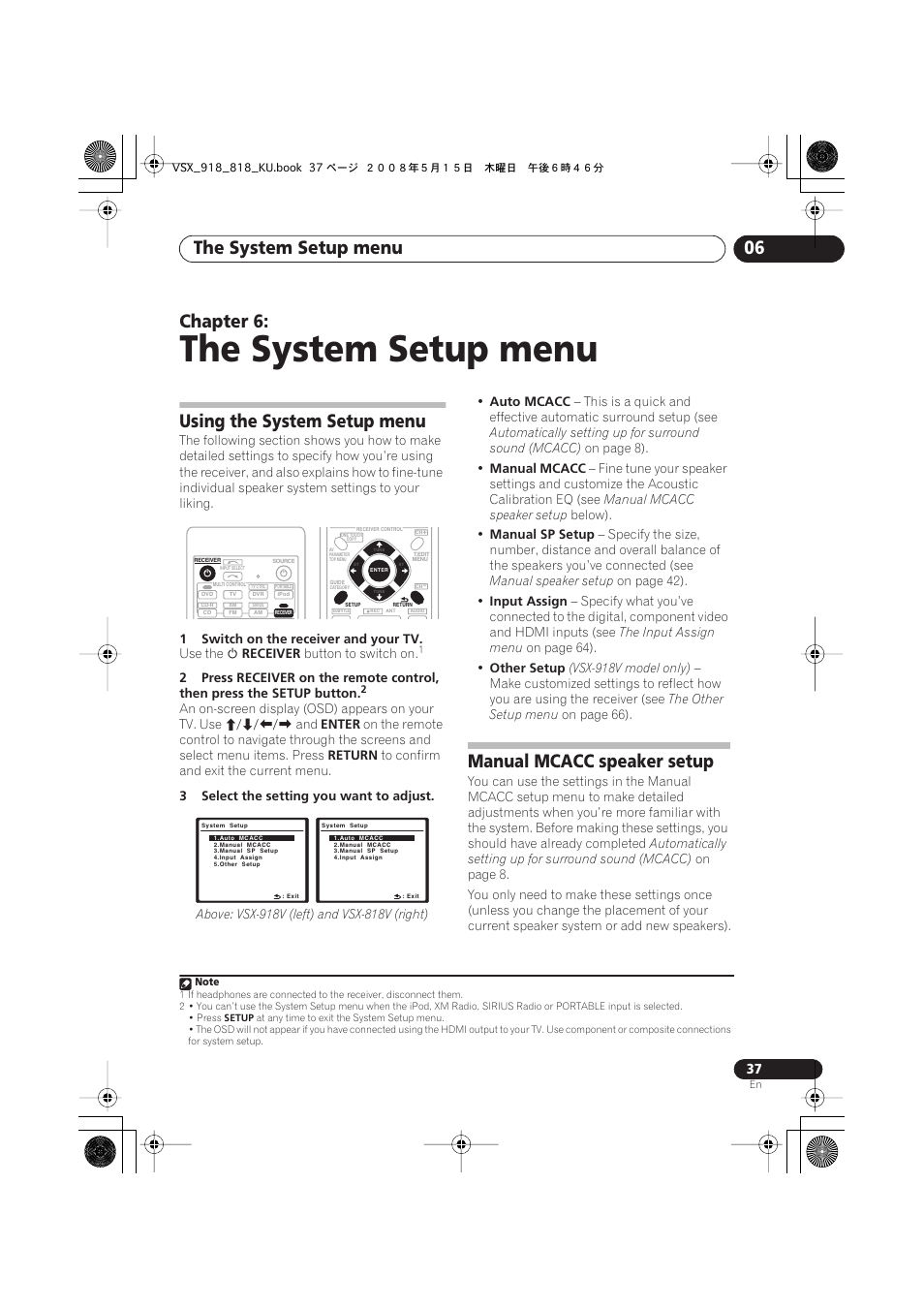 Using the system setup menu, Manual mcacc speaker setup, The system setup menu | The system setup menu 06, Chapter 6 | Pioneer VSX-818V User Manual | Page 37 / 76