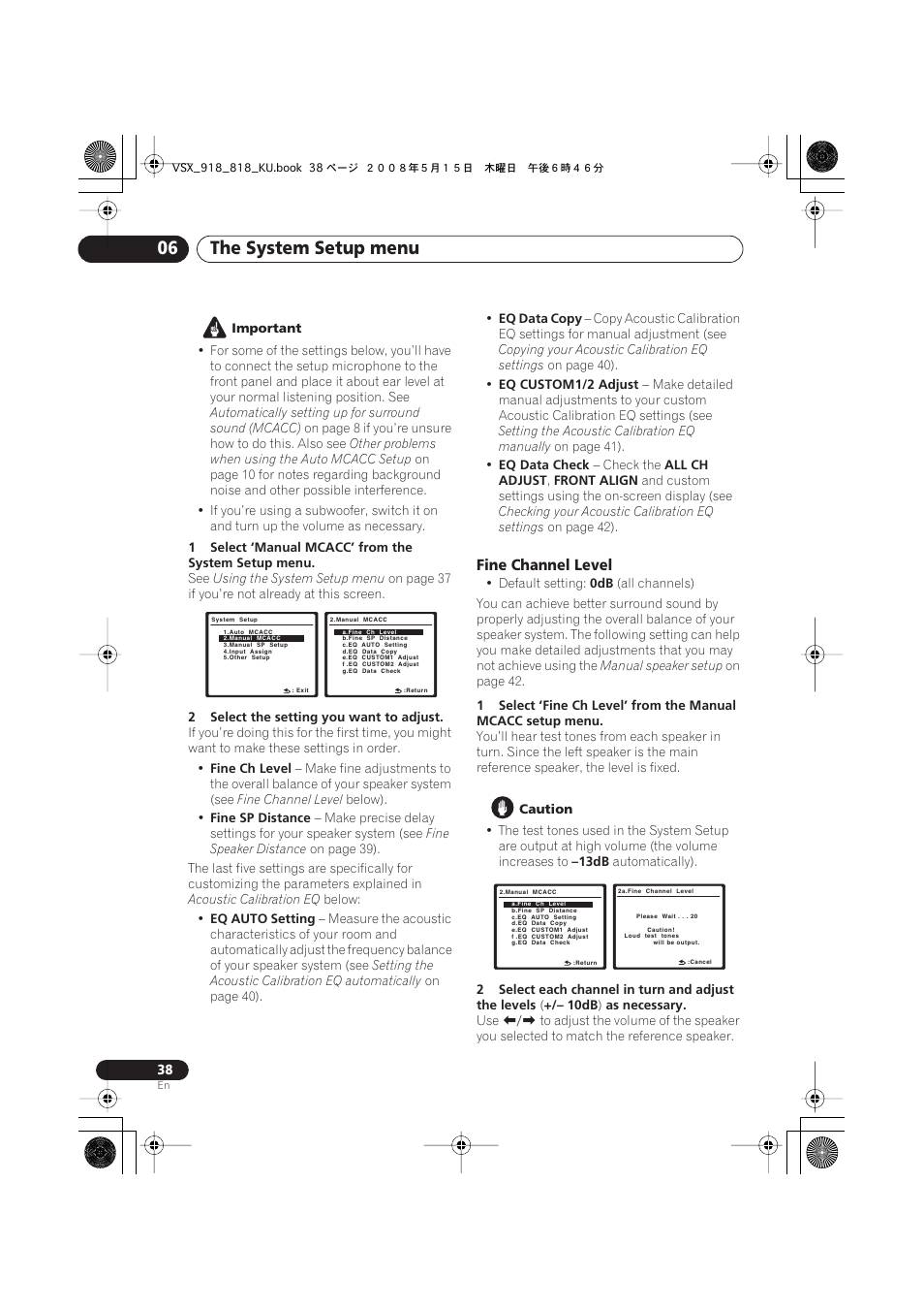 Fine channel level, The system setup menu 06 | Pioneer VSX-818V User Manual | Page 38 / 76