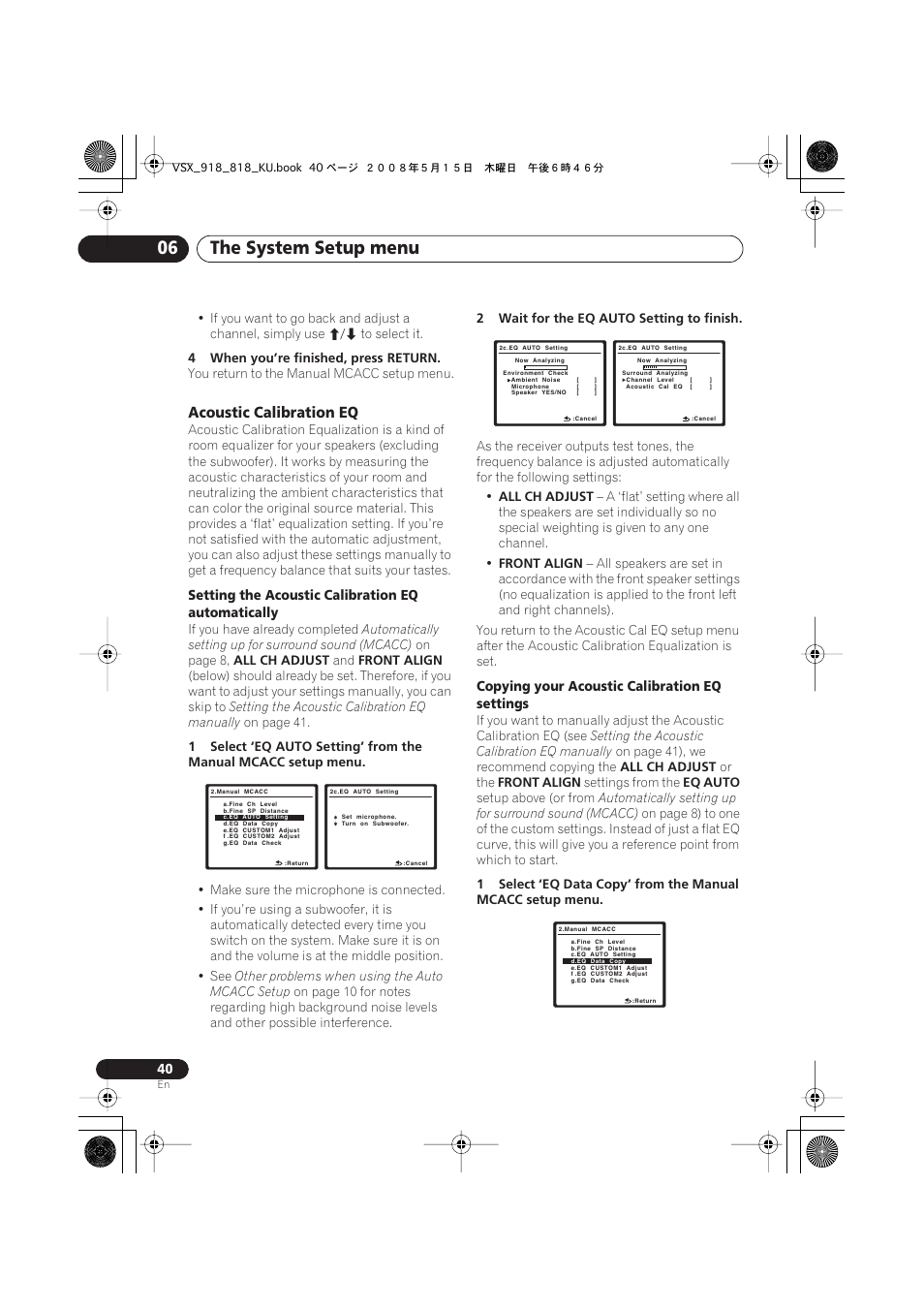 Acoustic calibration eq, The system setup menu 06 | Pioneer VSX-818V User Manual | Page 40 / 76
