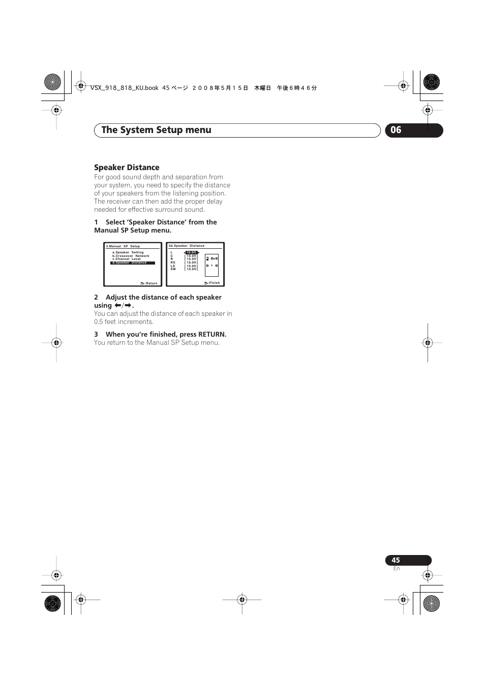 Speaker distance, The system setup menu 06 | Pioneer VSX-818V User Manual | Page 45 / 76