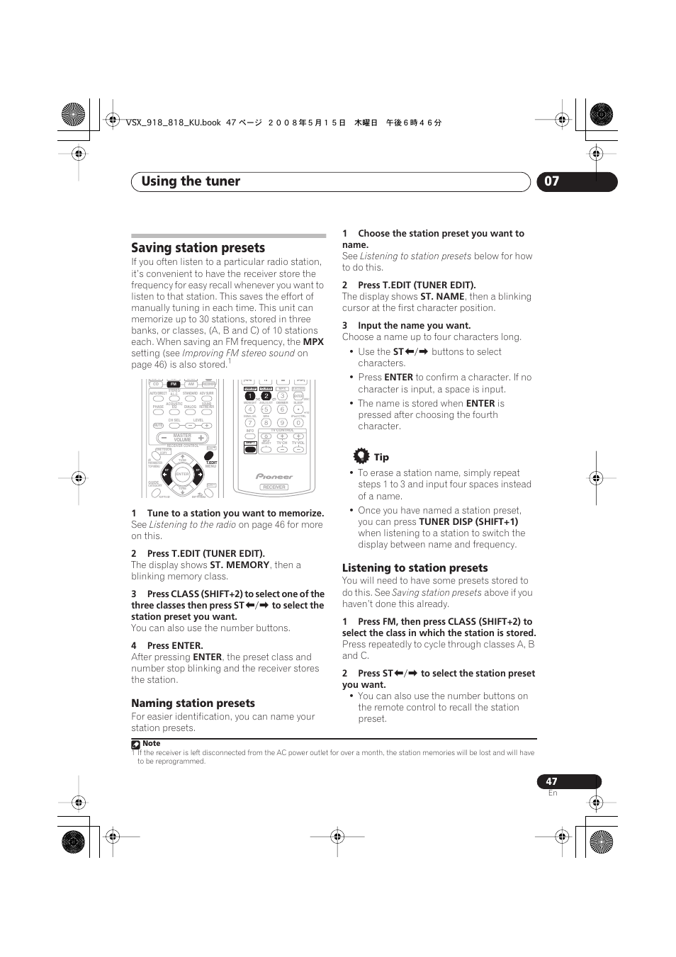 Saving station presets, Naming station presets, Listening to station presets | Using the tuner 07 | Pioneer VSX-818V User Manual | Page 47 / 76