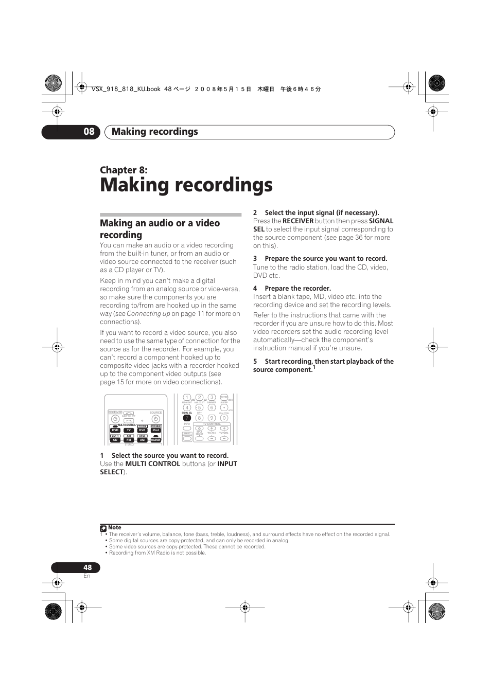 Making an audio or a video recording, Making recordings, Making recordings 08 | Chapter 8 | Pioneer VSX-818V User Manual | Page 48 / 76