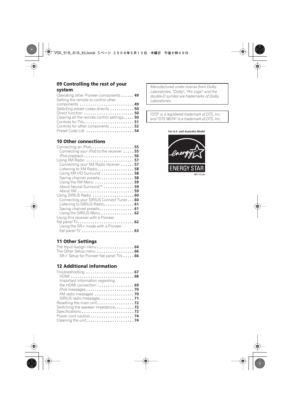 English italiano français, Nederlands, Español deutsch | 09 controlling the rest of your system, 10 other connections, 11 other settings, 12 additional information | Pioneer VSX-818V User Manual | Page 5 / 76