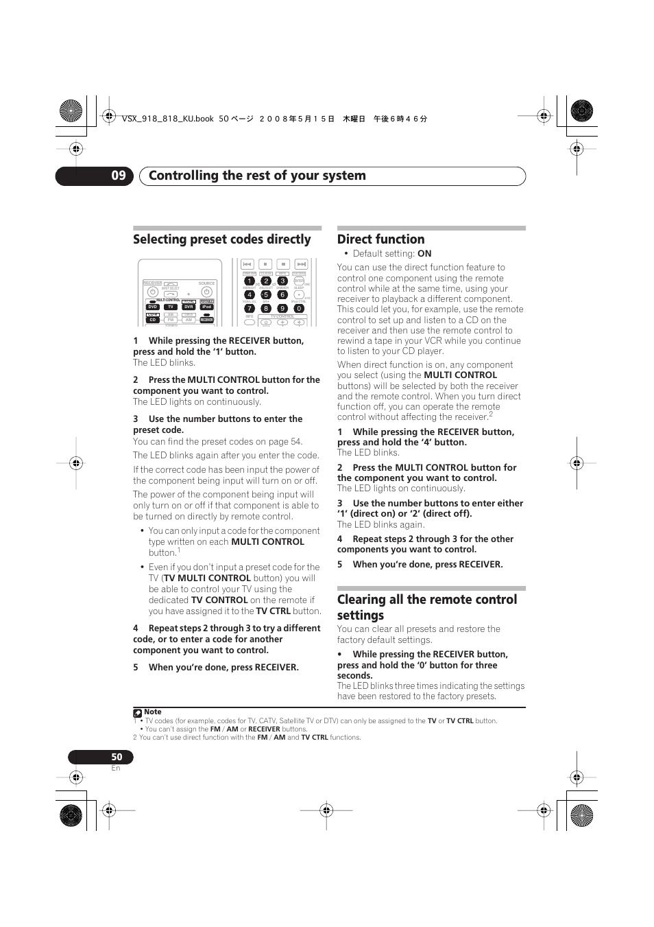 Selecting preset codes directly, Direct function, Clearing all the remote control settings | Controlling the rest of your system 09 | Pioneer VSX-818V User Manual | Page 50 / 76