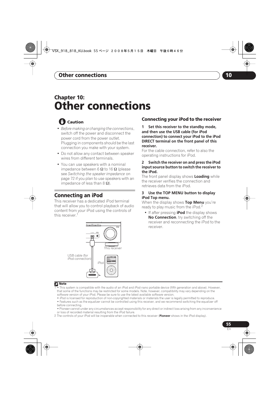 Connecting an ipod, Connecting your ipod to the receiver, Other connections | Other connections 10, Chapter 10 | Pioneer VSX-818V User Manual | Page 55 / 76