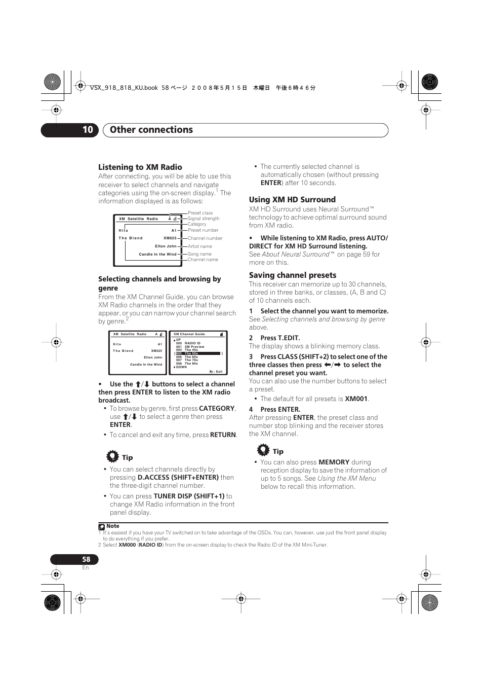 Listening to xm radio, Using xm hd surround, Saving channel presets | Other connections 10 | Pioneer VSX-818V User Manual | Page 58 / 76