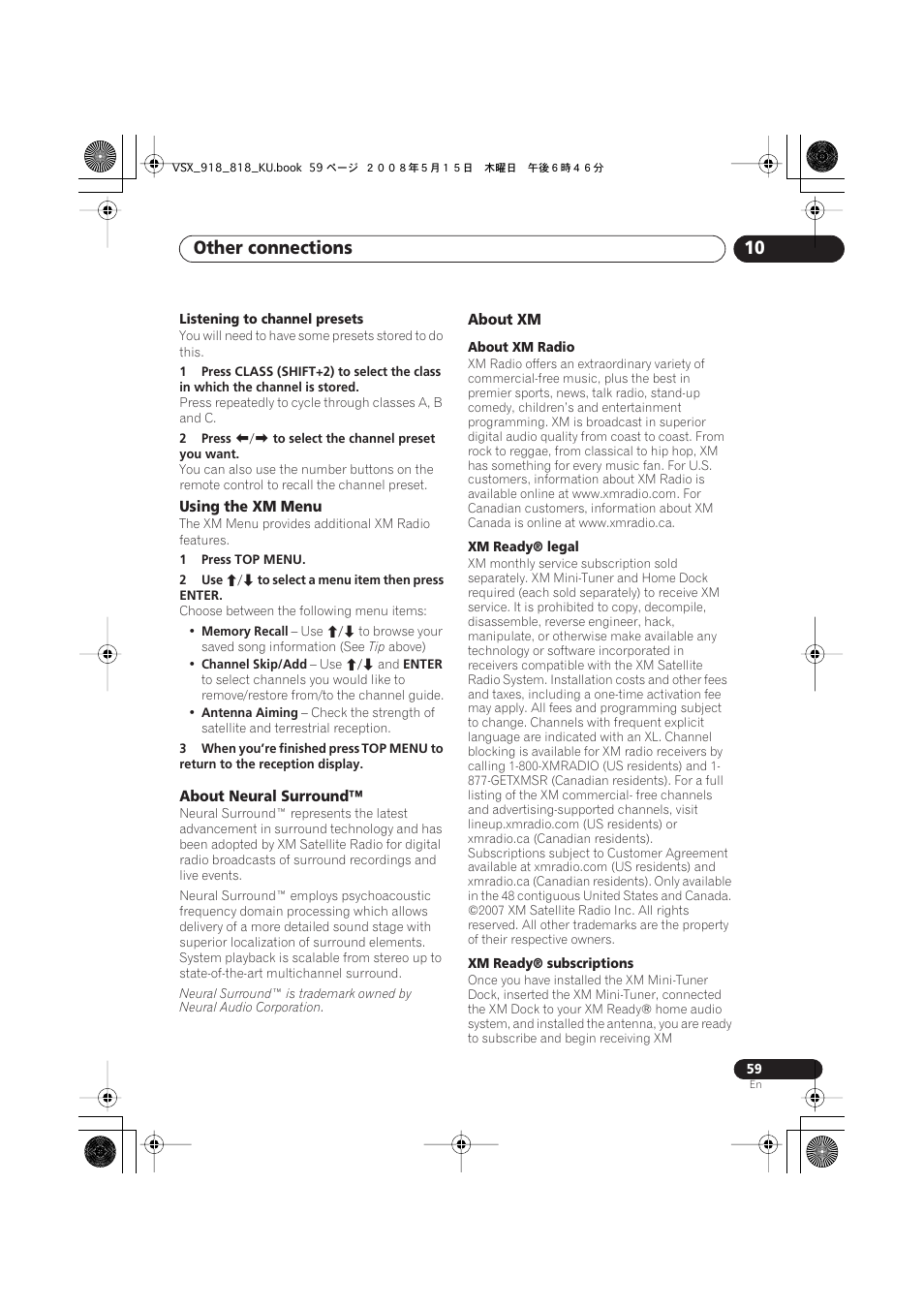 Using the xm menu, About neural surround, About xm | Other connections 10 | Pioneer VSX-818V User Manual | Page 59 / 76