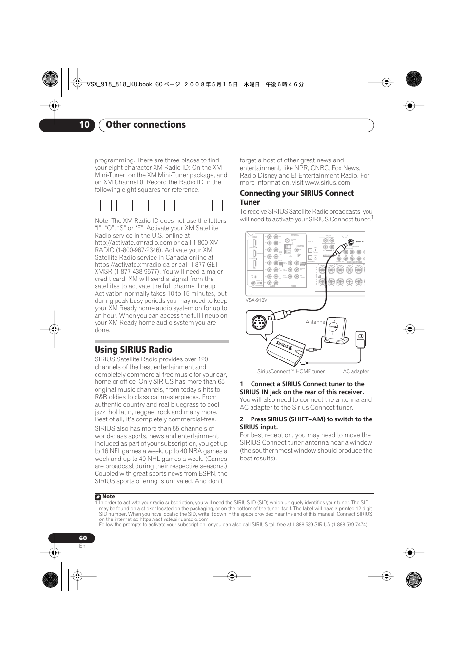 Using sirius radio, Connecting your sirius connect tuner, Other connections 10 | 1connect a sirius connect tuner to the, Sirius in, Jack on the rear of this receiver, 2press, Sirius (shift+am), Siriusconnect™ home tuner antenna ac adapter, Vsx-918v | Pioneer VSX-818V User Manual | Page 60 / 76