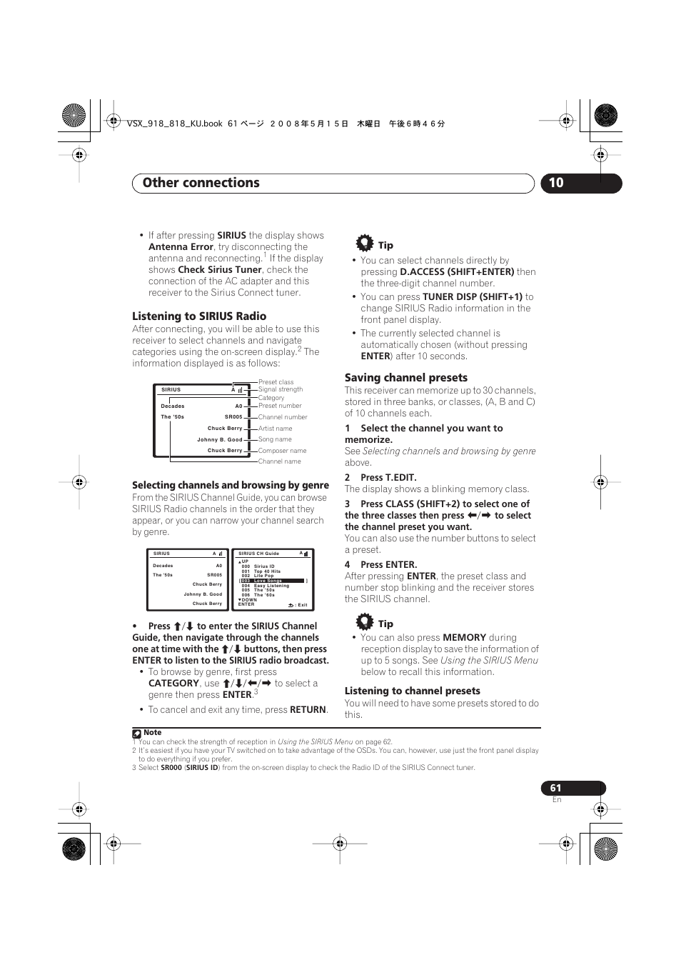 Listening to sirius radio, Saving channel presets, Other connections 10 | Pioneer VSX-818V User Manual | Page 61 / 76